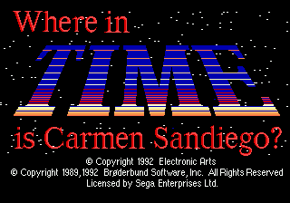 Where in Time is Carmen Sandiego? title screen for Sega Mega Drive